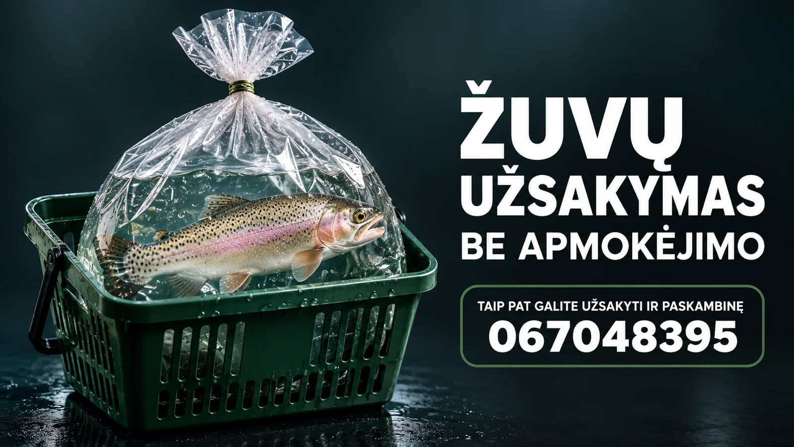 Žuvų užsakymas be apmokėjimo. Upėtakis maišelyje ir krepšelyje. Užsakyti galite telefonu 067048395.